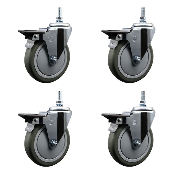Service Caster 5 Inch Gray Polyurethane 38 Inch Threaded Stem Caster Set with Brake SCC-TS20S514-PPUB-PLB-381615-4 - main